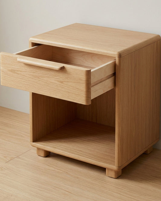 Rasy Rounded Oak Veneer Nightstand with Drawer 45 x 35 x 55 cm - Lifestyle view
