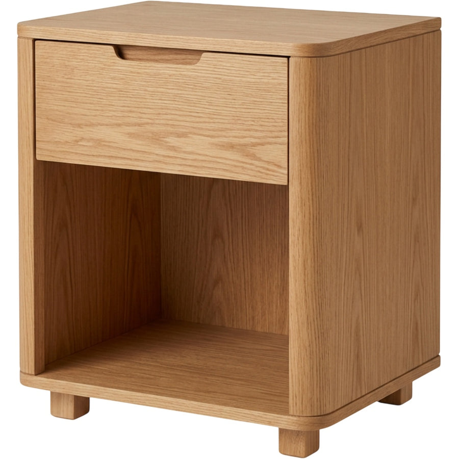 Rasy Rounded Oak Veneer Nightstand with Drawer 45 x 35 x 55 cm